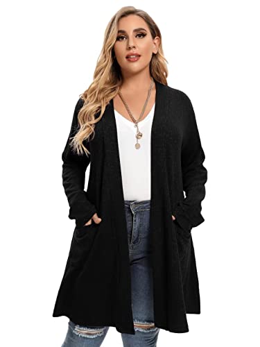 LARACE Open Front Knit Cardigan Sweaters for Women Plus Size Long Sleeve Tops with Pockets Lightweight for Winter(F-Black 3X)