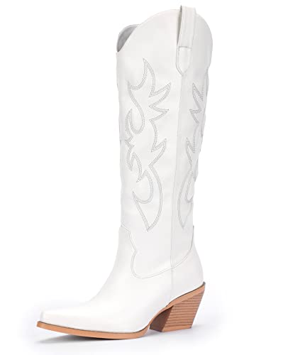 Pasuot White Cowboy Boots for Women - Wide Calf Cowgirl Knee High Western Boots with Side Zip and Embroidered, Pointed Toe Chunky Heel Retro Classic Tall Boot Pull On for Ladies Fall Winter Size 8