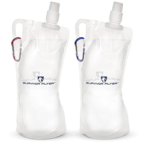 Survivor Filter Clear Collapsible Water Bottle Canteens - Travel Water Bottle - Includes Carabiners - Use with Our Straw Filter or as Foldable Water Bottles - BPA Free - White - 2 x 33oz / 1 Liter