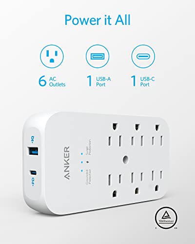 Anker Outlet Extender and USB Wall Charger, 6 Outlets and 2 USB Ports, 20W USB C Power Delivery High-Speed Charging iPhone 12/ iPhone 12 Pro, Multi-Plug for College Dorm Rooms, Home, and Office
