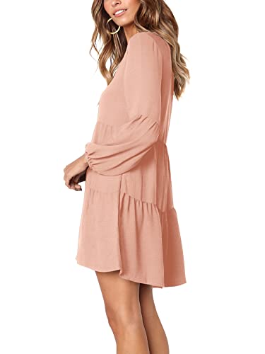 Amoretu Women V Neck Dresses 2023 Cute Trendy Long Sleeve Mini Shift Dress (Pink,XL)