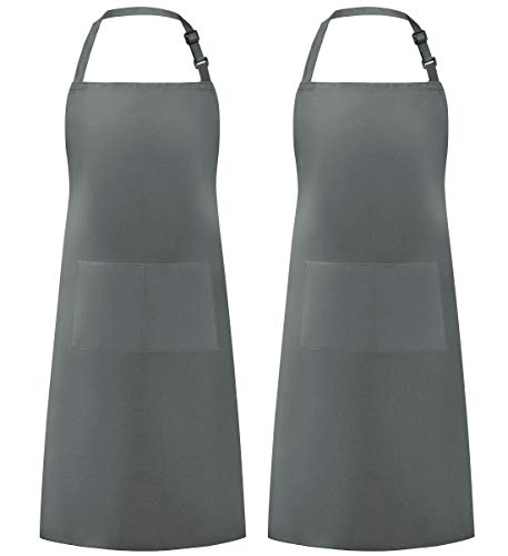 Syntus 2 Pack Adjustable Bib Apron Waterdrop Resistant with 2 Pockets Cooking Kitchen Aprons for BBQ Drawing, Women Men Chef, Grey