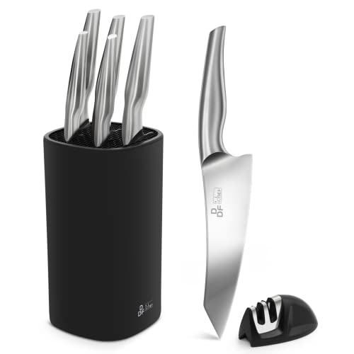 DDF iohEF Kitchen Knife Set with Block, 7 Piece Premium High Carbon Stainless Steel Knife Set with Sharpener, Ultra Sharp Knife Block Set for Kitchen