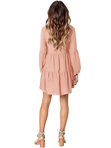 Amoretu Women V Neck Dresses 2023 Cute Trendy Long Sleeve Mini Shift Dress (Pink,XL)