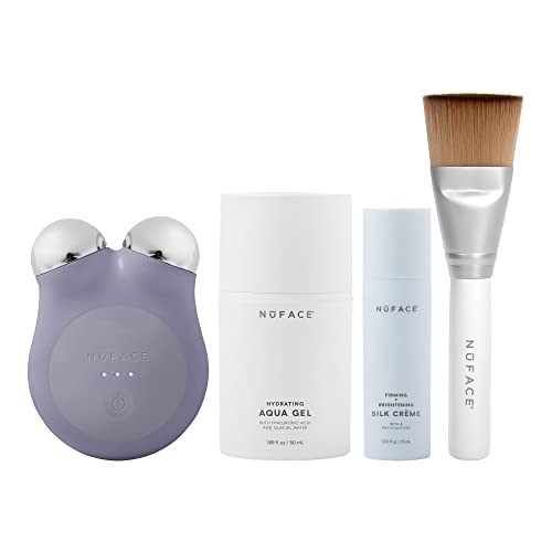 NuFACE Mini+ Starter Kit – Petite Facial Toning Device with Aqua Gel Activator 1.69 Oz, Silk Crème Activator 0.5 Oz + Clean Sweep Applicator Brush – Violet Dusk