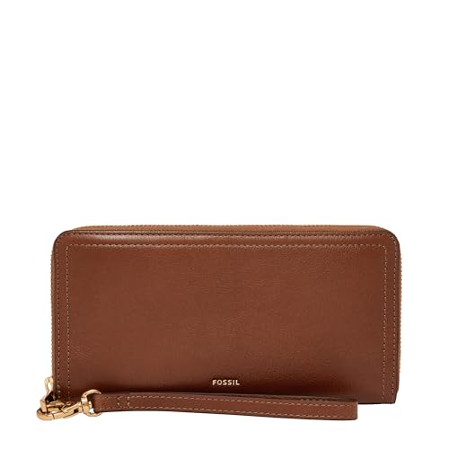 Fossil Women's Logan Leather Wallet RFID Blocking Zip Around Clutch with Wristlet Strap, Brown (Model: SL7831200)