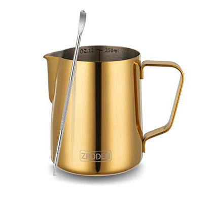 Milk Frothing Pitcher, 12oz Espresso Steaming Pitchers Stainless Steel Milk Coffee Cappuccino Barista Steam Pitchers Milk Jug Cup with Decorating Pen Latte Art, Gold