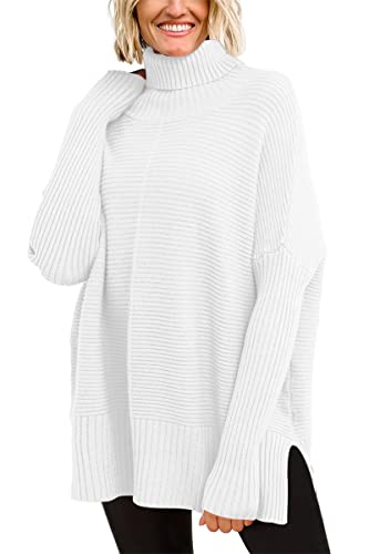 EFAN White Sweater for Women 2023 Winter Turtleneck Oversized Tunic Sweaters Trendy Casual Long Batwing Sleeve Pullover Knit Sweater Tops