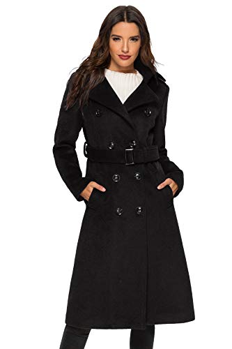 Escalier Womens Wool Coat Double Breasted Pea Coat Winter Long Trench Coat with Belt Black L