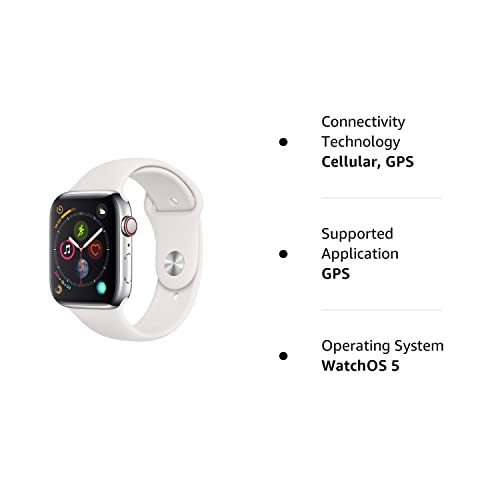 Apple Watch Series 4 (GPS + Cellular, 44MM) - Stainless Steel Case with White Sport Band (Renewed)