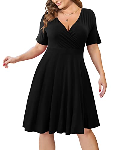 Ahlaray Womens Plus Size Summer Dresses Short Sleeve Causal Swing Faux Wrap Dress with Pockets, Black, 2XL