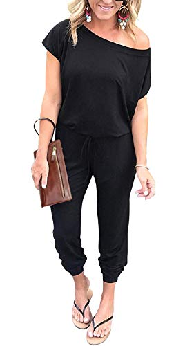 PRETTYGARDEN Women's Loose Solid Off Shoulder Elastic Waist Stretchy Long Romper Jumpsuit（Black,Large）