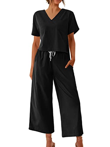 Ekouaer Womens, 2 Piece Coordinated Outfit, Pajamas, Short Sleeve Linen Shirt Pant Set, 2pcs Loungewear Tracksuit with Pockets, Black, Small