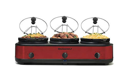 Elite Platinum EWMST-325R Maxi-Matic Triple Slow Cooker Buffet Server Adjustable Temp Dishwasher-Safe Oval Ceramic Pots, Lid Rests, 3 x 2.5 Qt Capacity, Red