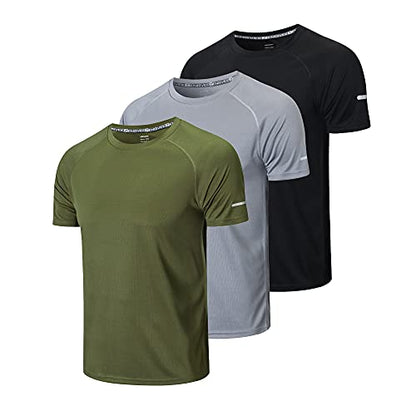 frueo Men's 3 Pack Sports Compression Shirts Dry Fit Moisture Wicking Short Sleeve Mesh Active Training T-Shirts,Black Gray Green,L