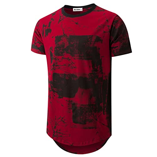 KLIEGOU Mens Hipster Hip Hop Ripped Round Hemline Pattern Print T Shirt 86 Red Wine L