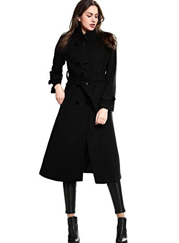 Escalier Women's Wool Trench Coat Double-Breasted Jacket with Belts Black L