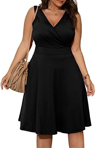 POSESHE Womens Plus Size Black Dresses Sleeveless Wrap V-Neck Stretchy Summer Cocktail Swing Dress,Black,2XL