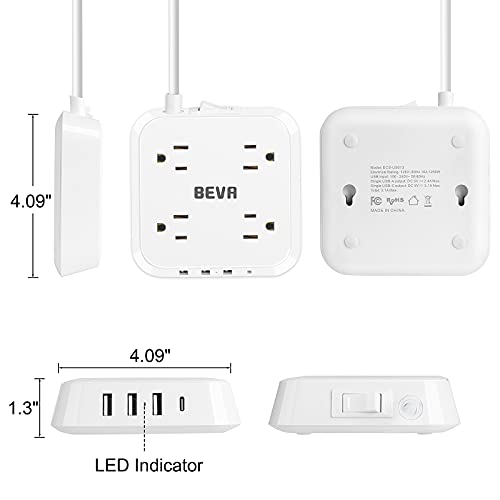 Power Strip with USB C, 4 Widely Spaced Outlets and 4 USB Ports 5 FT Extension Cord, BEVA Surge Protector Power Strip Mountable USB Power Strip 1250W/10A for College Essentials Dorm Room Essentials