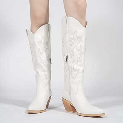 Pasuot White Cowboy Boots for Women - Wide Calf Cowgirl Knee High Western Boots with Side Zip and Embroidered, Pointed Toe Chunky Heel Retro Classic Tall Boot Pull On for Ladies Fall Winter Size 8