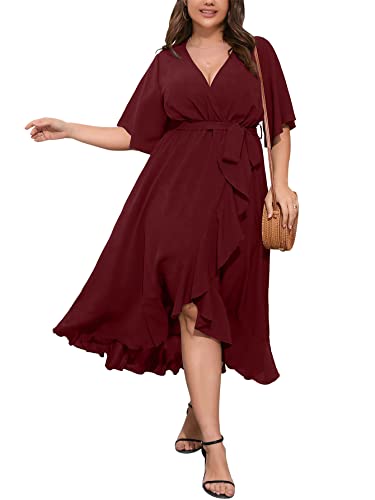 SCOMCHIC Plus Size Cocktail Dresses for Women Wrap V Neck Split High Low Split Burgundy Maxi Dress with Belt 2XL