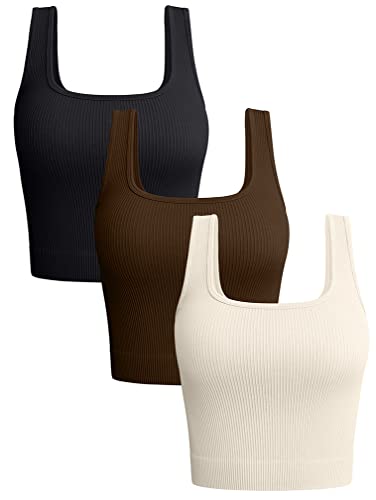 OQQ Women's 3 Piece Tank Shirt Ribbed Seamless Workout Exercise Yoga Crop, Black Coffee Beige, Large