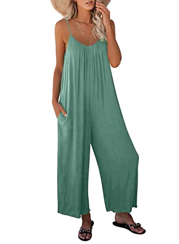 Dokotoo Women's Loose Jumpsuits for Women Adjustable Spaghetti Strap Stretchy Wide Leg Solid One Piece Sleeveless Long Pant Romper Jumpsuit with Pockets Green Small