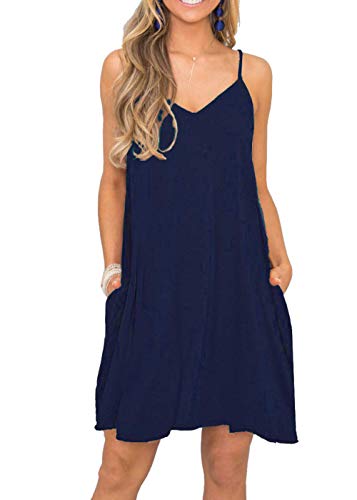 BEUFRI Women's Summer Spaghetti Strap Casual Swing Tank Beach Cover Up Dress with Pockets (X-Small, Navy Blue)