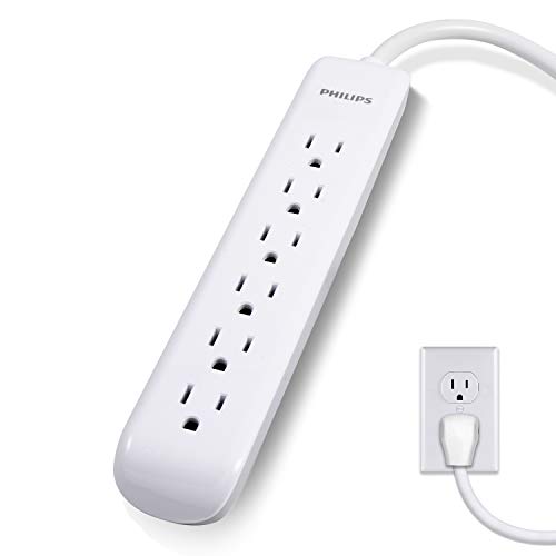Philips Accessories 6-Outlet Surge Protector, 4 Ft Extension Cord, Power Strip, 720 Joules, Flat Plug, Wall Mount, Circuit Breaker, Automatic Shutdown, ETL Listed, White, SPP3064WE/37