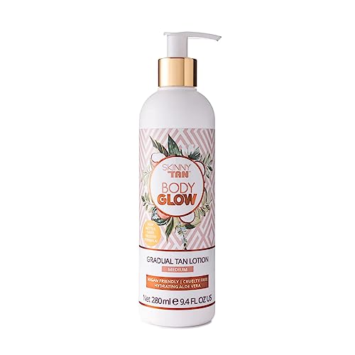 Skinny Tan Body Glow Gradual Tan Lotion - Lightweight, Fast-Absorbing Formula - Coconut and Vanilla Scent - Enriched with Aloe Vera and Guarana - Natural, Streak Free Gold Color - Medium - 9.4 oz