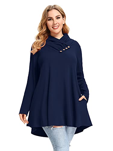 LARACE Cowl Neck Sweatshirts For Women Plus Size Tops With Pockets Long Sleeve Tunic Casual Pullover Button Down Shirt, Navy Blue M