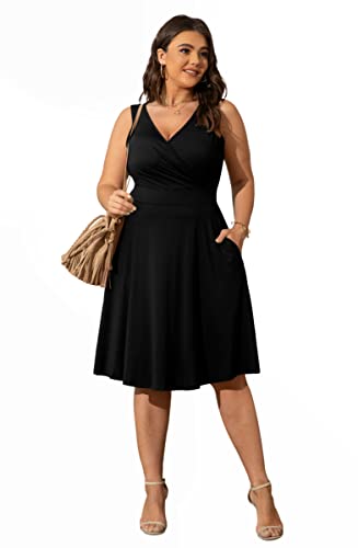 POSESHE Womens Plus Size Black Dresses Sleeveless Wrap V-Neck Stretchy Summer Cocktail Swing Dress,Black,2XL