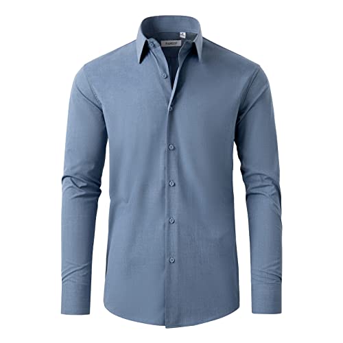 FAHIZO Men's Dress Shirt Regular Fit Casual Long Sleeve Bamboo Stretch Solid Shirts, Dusty Blue-L