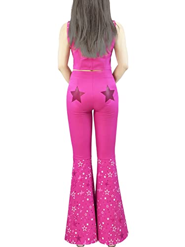 Naywig Cowgirl Outfit 70s 80s Hippie Disco Costume Pink Flare Pant Halloween Cosplay For Women Girls-Medium