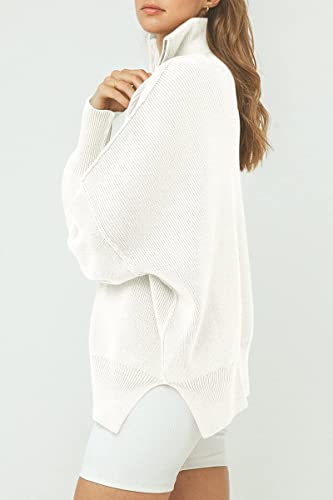 LILLUSORY White Winter Sweaters Winter Clothes 2023 Plus Size Sweaters Zipper Collared Sweatshirts Drop Shoulder Tunic Pullover Split Hem Knit Sweater Tops