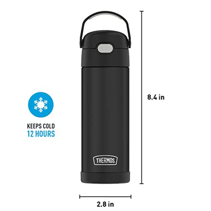 THERMOS FUNTAINER 16 Ounce Stainless Steel Vacuum Insulated Bottle with Wide Spout Lid, Black Matte