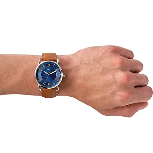 Fossil Men's Copeland Quartz Stainless Steel and Leather Three-Hand Watch, Color: Silver, Luggage (Model: FS5661)