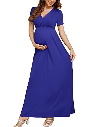 Xpenyo Women's Maternity Dresses Casual Short Sleeve V Neck Wrap Long Maxi Dress Pregnancy Clothes for Baby Shower, Photoshoot, Party Royal Blue XL