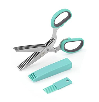 Jenaluca Herb Scissors with 5 Blades and Safety Cover - Cut, Chop & Mince Fresh Herbs & Leafy Greens - Stainless Steel Kitchen Shears with Cleaning Comb - Cool Kitchen Gadgets (Blue)