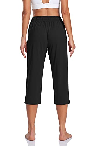 TARSE Womens Yoga Pants Plus Size Capris Stretch Workout Exercise Sweatpants Loose Sweat Crop Pants Pockets (Black,4XL), Soft