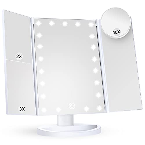 HUONUL Makeup Mirror Vanity Mirror with Lights, 1x 2X 3X Magnification, Lighted Makeup Mirror, Touch Control, Trifold Makeup Mirror, Dual Power Supply, Portable LED Makeup Mirror, Women Gift