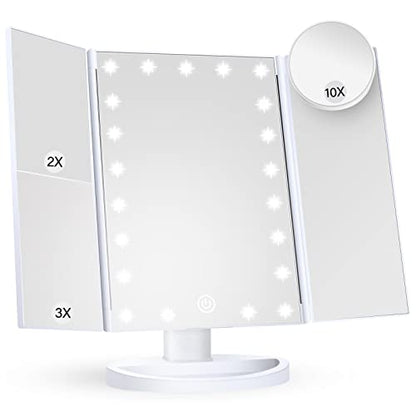 HUONUL Makeup Mirror Vanity Mirror with Lights, 1x 2X 3X Magnification, Lighted Makeup Mirror, Touch Control, Trifold Makeup Mirror, Dual Power Supply, Portable LED Makeup Mirror, Women Gift