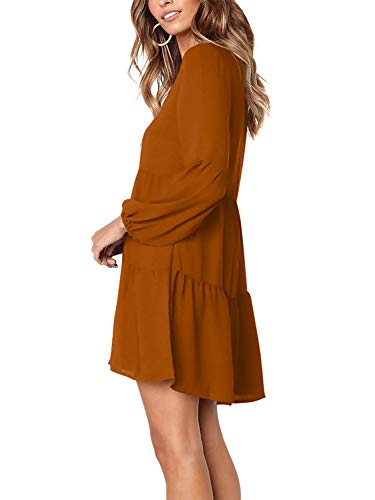 Amoretu Women Long Sleeve Tunic Dress V Neck Swing Shift Dresses(Brown,Large)