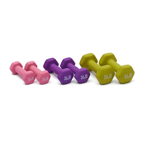 Amazon Basics Neoprene Coated Hexagon Workout Dumbbell Color Coded Hand Weight with Storage Rack, 20 Pounds (3 Pairs set of 2, 3, and 5 Pounds), Multicolor