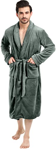 NY Threads Luxurious Mens Shawl Collar Fleece Bath Robe, Spa Robe, Steel Gray, Small-Medium