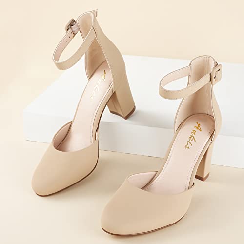 Ankis Closed Toe Heels for Women -Nude Womens Heels Closed Toe Chunky Block Pumps Shoes, 3 Inch