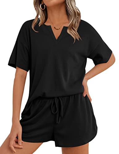 Ekouaer Waffle Knit Pajamas Set Womens Loungewear Short Sleeve Lounge Set 2 Piece PJ Sets S-XXL Black