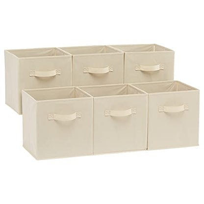 Amazon Basics Collapsible Fabric Storage Cubes Organizer with Handles, 10.5"x10.5"x11", Beige - Pack of 6