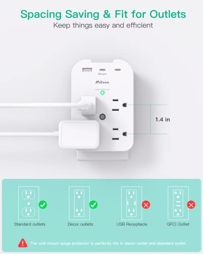 Mifaso Outlet Extender - Wall Surge Protector with 8 Outlets 3 USB 2 USB C, 1 USB A Multi Plug Outlet Splitter, Wall Mount Adapter with Top Phone Holder for Home, School, Office 1800 Joules