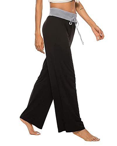 NEWCOSPLAY Women's Comfy Pajama Pants Casual Drawstring Palazzo Lounge Wide Leg Pants (Pure-Black, 3X-Large)